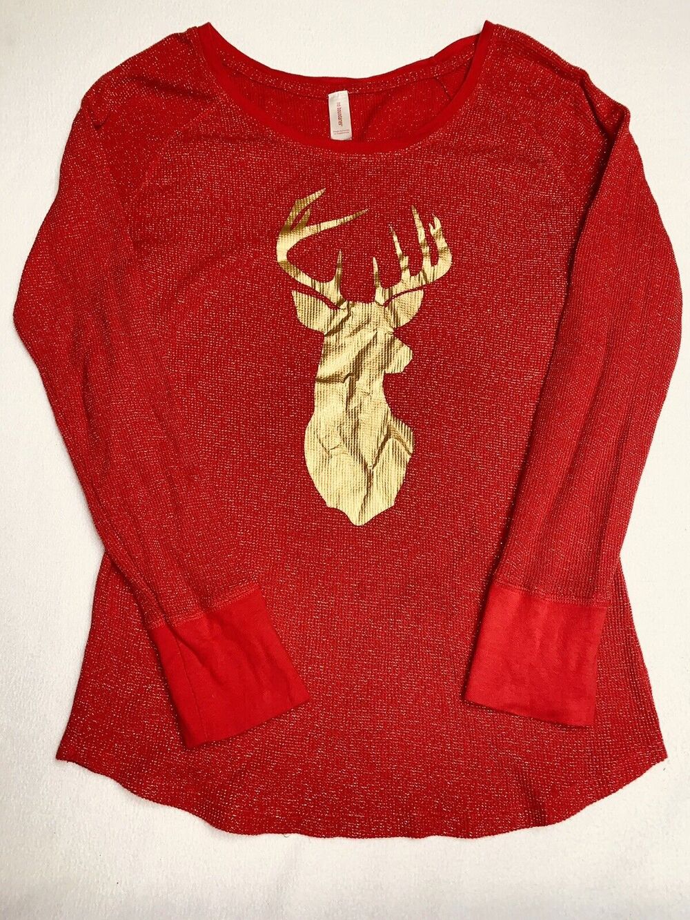 Red Glitter Pullover L S Women's XXL Red w Metallic Thread & Gold Buck Deer Head